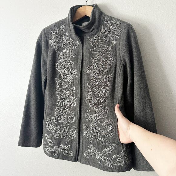 Chico's Size 1 Gray Wool Blend Beaded Embellished Jacket Women’s Size Medium - Picture 3 of 15